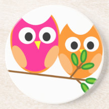 Cute Pink and Orange Owls in Tree Beverage Coasters