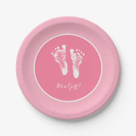 Cute Pink Baby Shower Newborn Girl Footprint 7 Inch Paper Plate