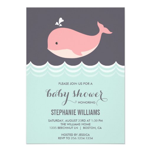 Cute Pink Baby Whale Baby Shower Invitations