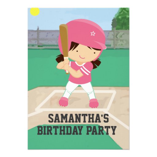 Cute Pink Baseball Girl Birthday Party Personalized Invitations