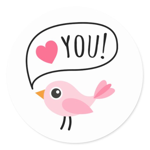 Cute pink bird I love (heart) you cartoon Classic Round Sticker | Zazzle
