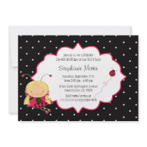 Cute pink black ladybug birthday party invitation