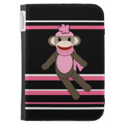 Cute Pink Black Stripe Sock Monkey Girl Flower Hat Kindle Folio Case
