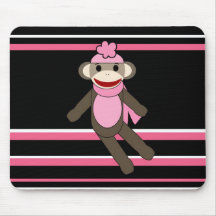Cute Pink Black Stripe Sock Monkey Girl Flower Hat Mousepad
