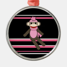Cute Pink Black Stripe Sock Monkey Girl Flower Hat Christmas Ornaments