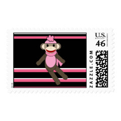Cute Pink Black Stripe Sock Monkey Girl Flower Hat Stamps