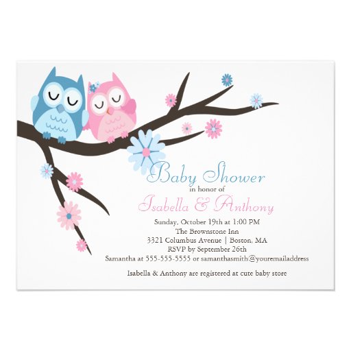 Cute Pink & Blue in Love Owl Couple Baby Shower Personalized Invite