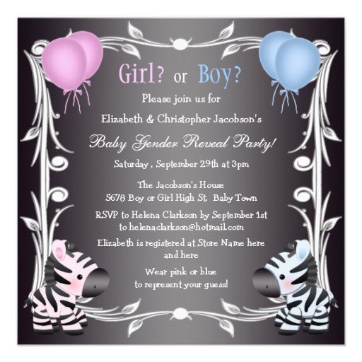 Cute Pink & Blue Zebras Baby Gender Reveal Shower Custom Announcements (front side)
