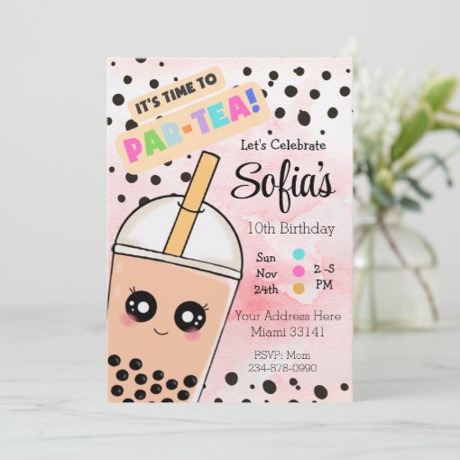 Cute Pink Boba Tea Girl Birthday Party Invitation Zazzle