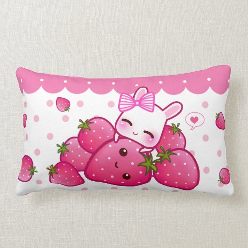 Cute pink bunny with kawaii strawberries lumbar pillow Zazzle