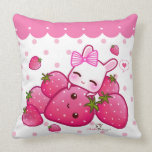 Cute pink bunny with kawaii strawberries throw pillow