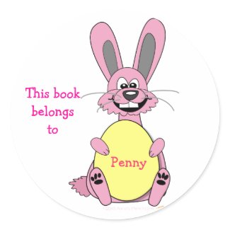 Cute Cartoon Pink Easter Bunny with Egg Customizable Bookplate Stickers Template