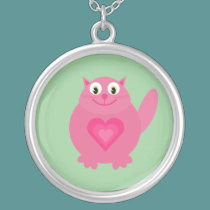 Cute Pink Cartoon Cat With Hearts Charity necklaces