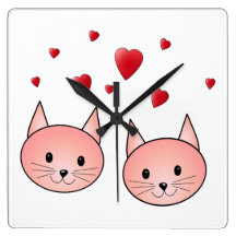 Cute Pink Cats with Hearts. Square Wall Clocks