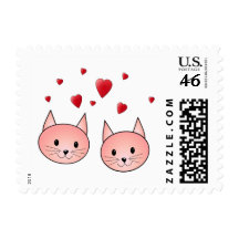 Cute Pink Cats with Hearts. Stamp