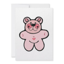 cute pink checkered  bear custom invitations