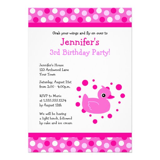 Cute Pink Ducky with Polka Dots Birthday Invite (front side)