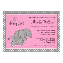 Cute Pink Elephant Girl Baby Shower Personalized Invites