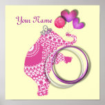 Cute Pink Elephant Personalised Baby Nursery Decor Print