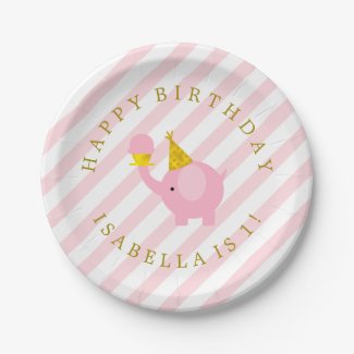 Cute Pink Elephants Personalized Birthday Party 7 Inch Paper Plate