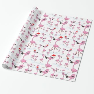 Cute Pink Flamingos Santa Hat Wrapping Paper