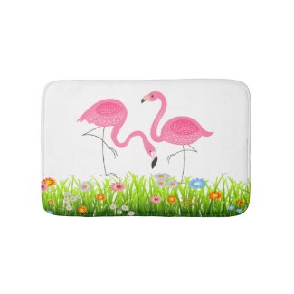Cute Pink Flamingos & Spring Flowers Bath Mats
