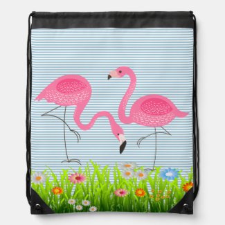 Cute Pink Flamingos & Spring Flowers Drawstring Backpack