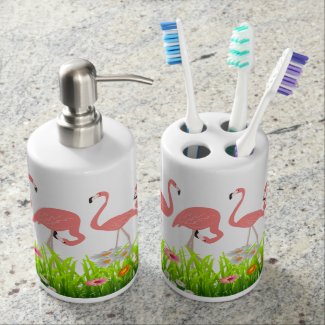 Cute Pink Flamingos & Spring Flowers Toothbrush Holder