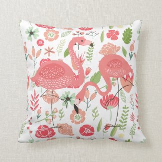 Cute Pink Flamingos With Assorted Flowers Pattern Throw Pillow