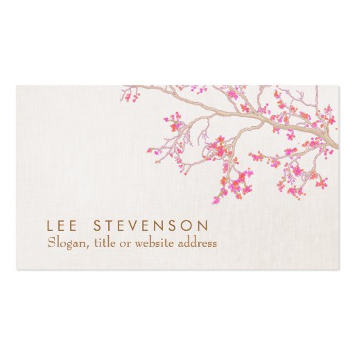 Cute Pink Flower Blossoms Linen Look Whimsical Business Card Templates (front side)