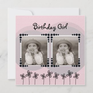 Cute Pink Flowers Girl Birthday Photo Invitation