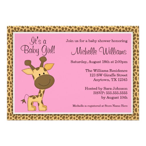 Cute Pink Giraffe Girl Baby Shower Personalized Invitation (front side)
