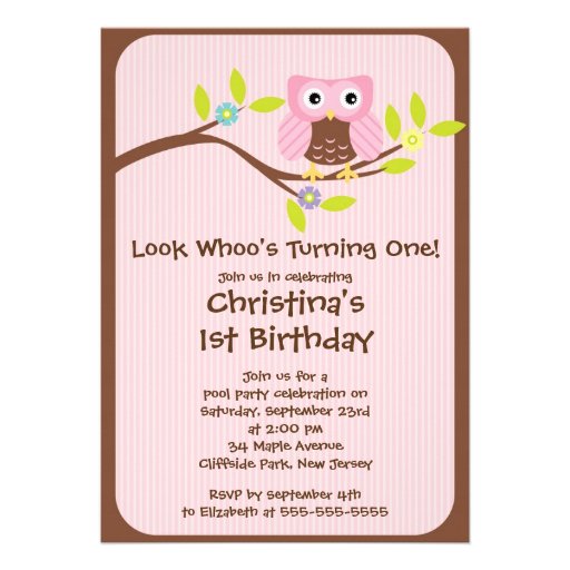 Cute Pink Girl Owl Birthday Party Invitations