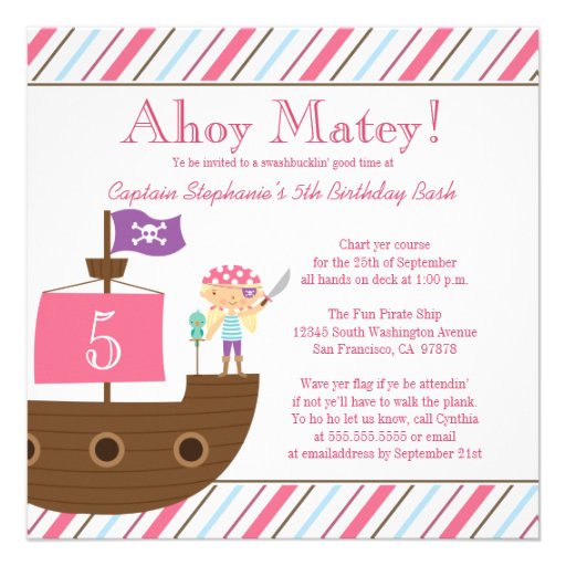Cute pink girl's pirate birthday party invitation (front side)