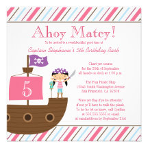 Cute pink girl's pirate birthday party invitation