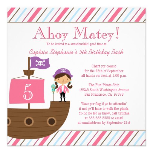 Cute pink girl's pirate birthday party invitation