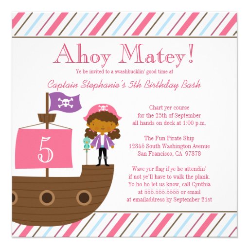 Cute pink girl's pirate birthday party invitation