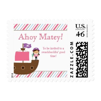 Cute pink girl's pirate birthday party stamps