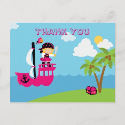 Cute pink girl's pirate custom thank you post card