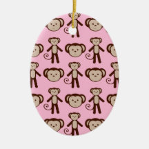 Cute Pink Girly Monkey Collage Pattern Christmas Tree Ornaments