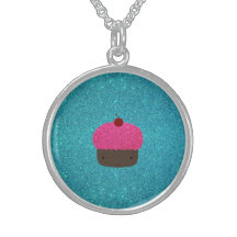 Cute pink glitter cupcake turquoise glitter necklace