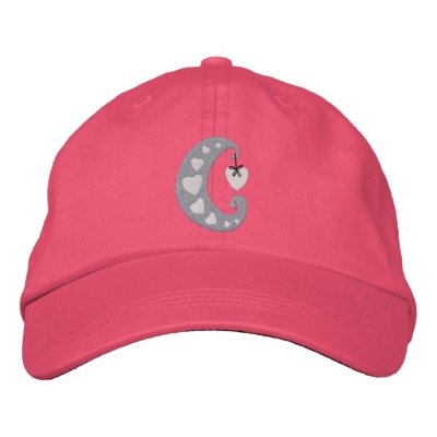 Cute Pink Hearts Moon Hat Embroidered Baseball Cap by silly_strings