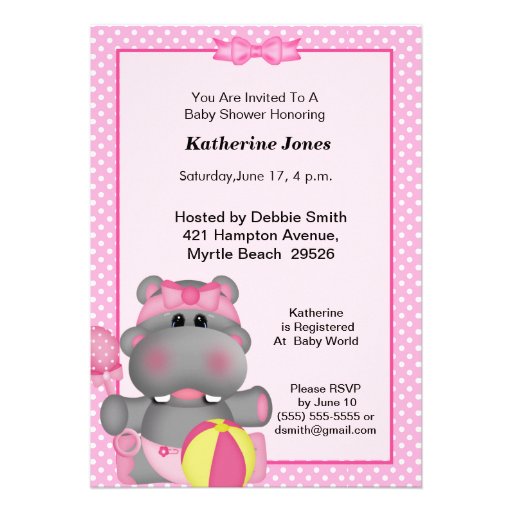 Cute Pink Hippo Baby Shower  Invitation