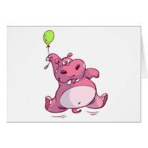 CUTE PINK HIPPO ON BALLOON GREETING CARD