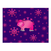 Cute pink hippo purple pink snowflakes post card