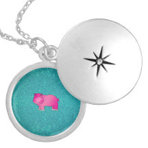 Cute pink hippo turquoise glitter lockets