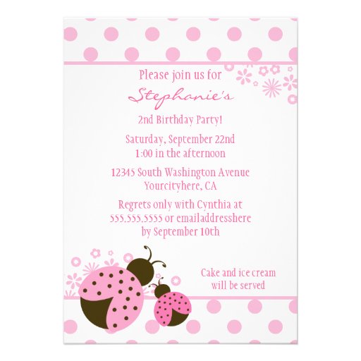 Cute pink lady bug girls birthday party invitation