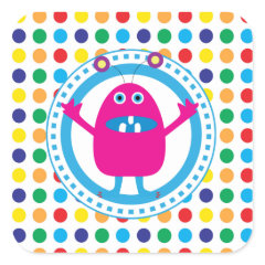 Cute Pink Monster on Polka Dots Stickers
