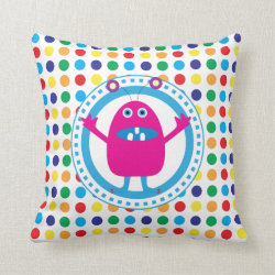 Cute Pink Monster on Polka Dots Throw Pillows