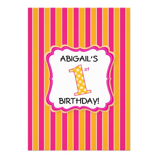Cute Pink/Orange Girls First Birthday Custom Announcement
